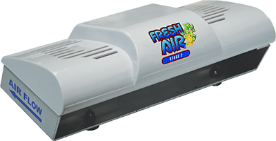 A white air purifier with the words 'Fresh Air' and 'Fresh Up' printed on the top. The device has ventilation slots and 'Air Flow' written on the side.