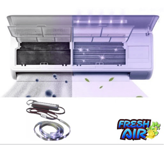 An air conditioner split-screen image shows the difference before and after cleaning, with additional LED lights and accessories below. The right side appears clean and shiny. 'Fresh Air' logo on the bottom right.