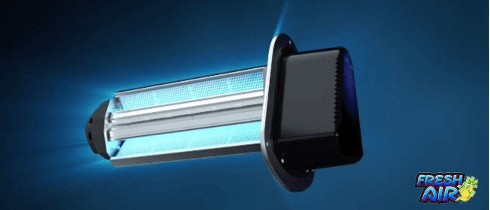An air purifier with a fresh blue light on it.