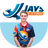 A young man in a colorful jersey stands in front of a Jay's Heating, Air & Plumbing logo, ready for the "Meet the Team" event.