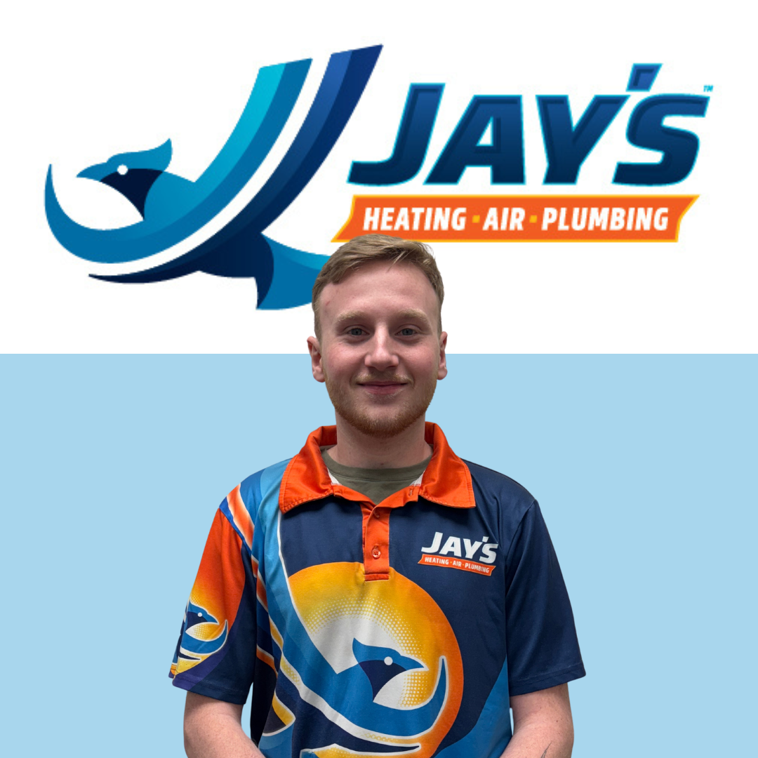 A person wearing a Jay's Heating, Air, Plumbing shirt stands proudly in front of the company logo on a blue and white background, embodying the excellence of our 5-Star Technicians.