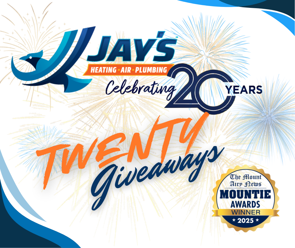 Jay’s Heating, Air, Plumbing marks its 20th anniversary with “Twenty Giveaways,” dazzling fireworks, and a 2025 Mountie Awards winner badge.
