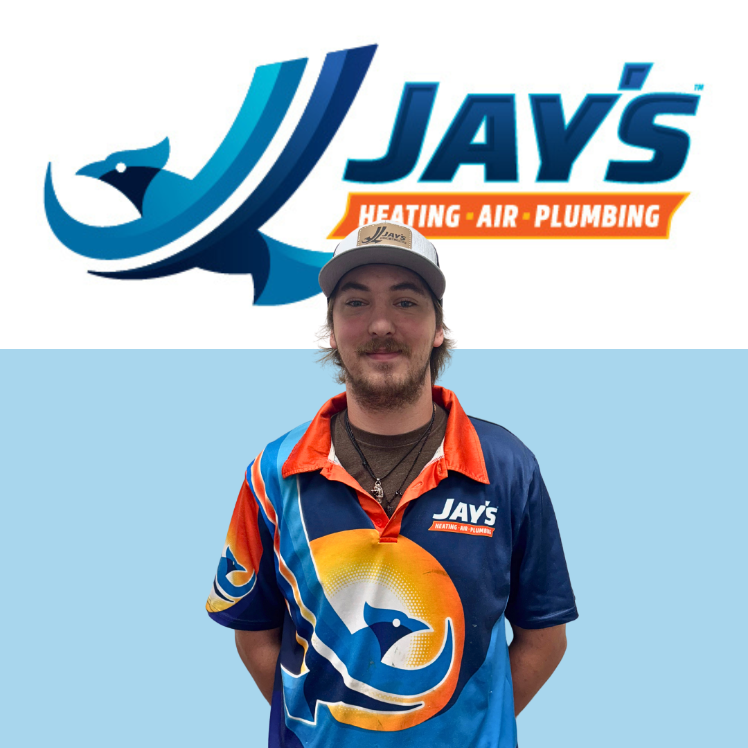 A man in a Jay's Heating, Air, Plumbing uniform stands in front of the company’s logo on a white and blue background.