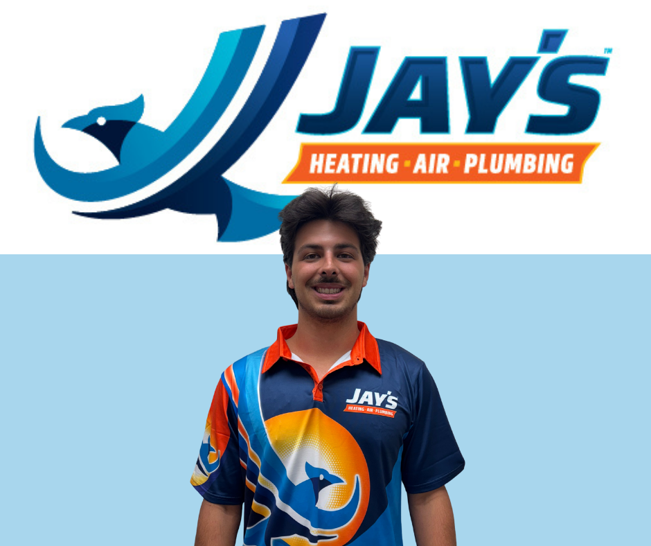 A man in a branded "Jay's Heating Air Plumbing" shirt stands in front of a wall featuring the company logo and name.