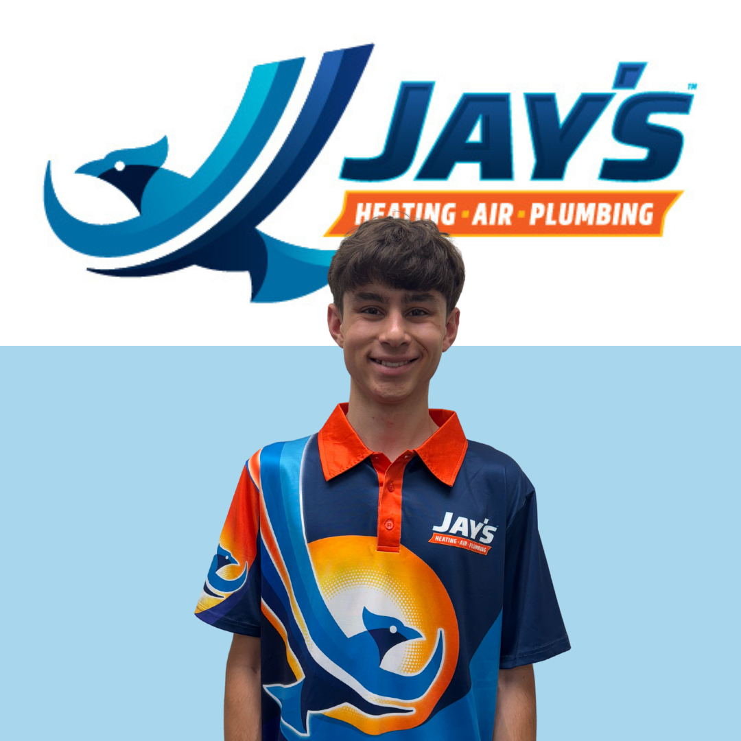 A young person wearing a Jay's Heating, Air, Plumbing shirt stands in front of a large company logo featuring a stylized bird and bold text.