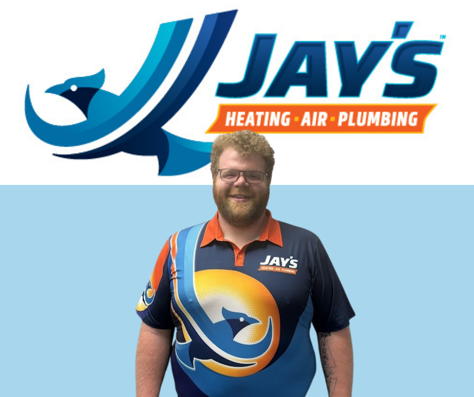 A man wearing a Jay's Heating, Air, Plumbing shirt stands in front of a matching company logo.